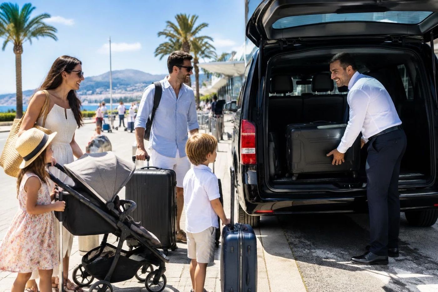 Famille avec deux enfants et une poussette accueillie par le chauffeur devant un van à l'aéroport de Nice