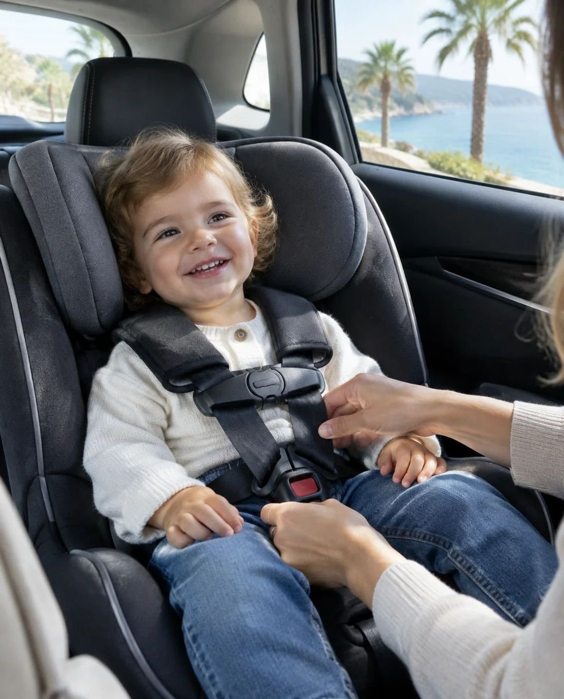 Jeune enfant attaché avec un harnais dans un siège auto Isofix