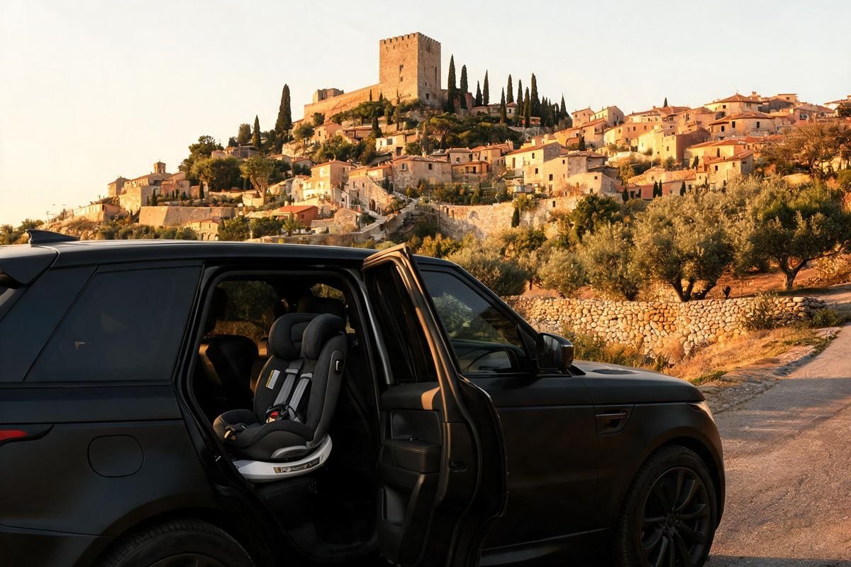 VTC Cagnes-sur-Mer avec siège bébé : SUV noir devant le village perché du Haut-de-Cagnes, siège enfant installé sur la banquette arrière