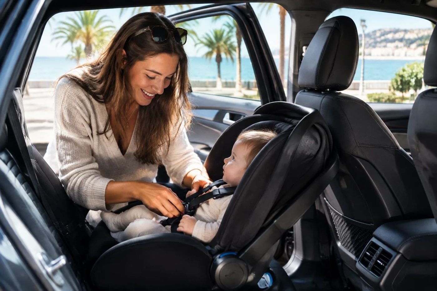 Child seat fitted in a VTC in Nice: mother buckling her baby in, Promenade des Anglais in the background