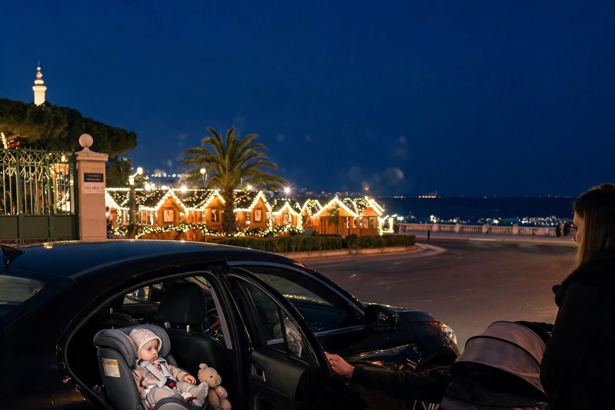VTC Village de Noël de Nice avec siège bébé : coque dos à la route installée sur la banquette arrière, portière ouverte devant le Jardin Albert 1er illuminé