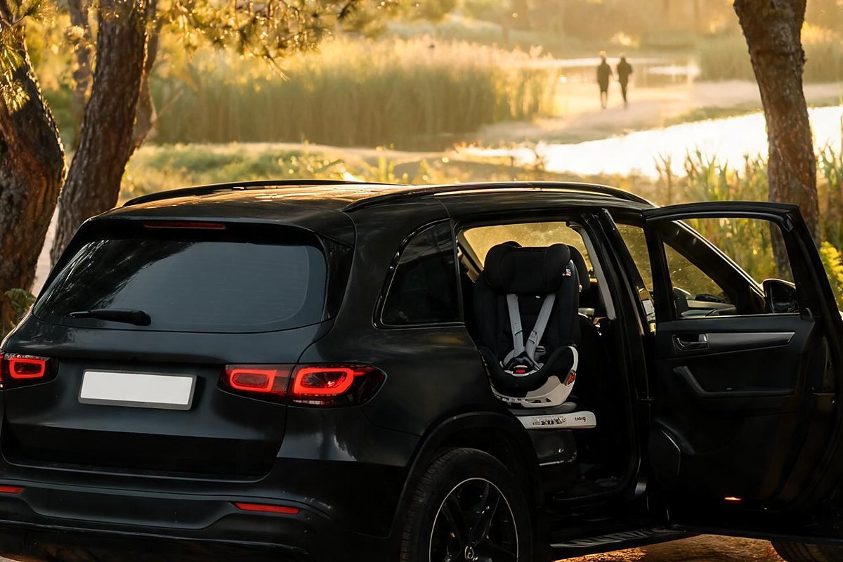 VTC Villeneuve-Loubet avec siège bébé : SUV noir portière ouverte dans les pins du parc de Vaugrenier, coque bébé dos à la route sur la banquette arrière, étang et promeneurs au loin