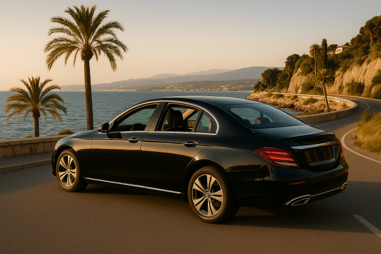 Berline noire haut de gamme sur la route côtière entre Nice et Cannes au coucher du soleil – service VTC avec siège bébé et chauffeur privé Contact VTC AB.