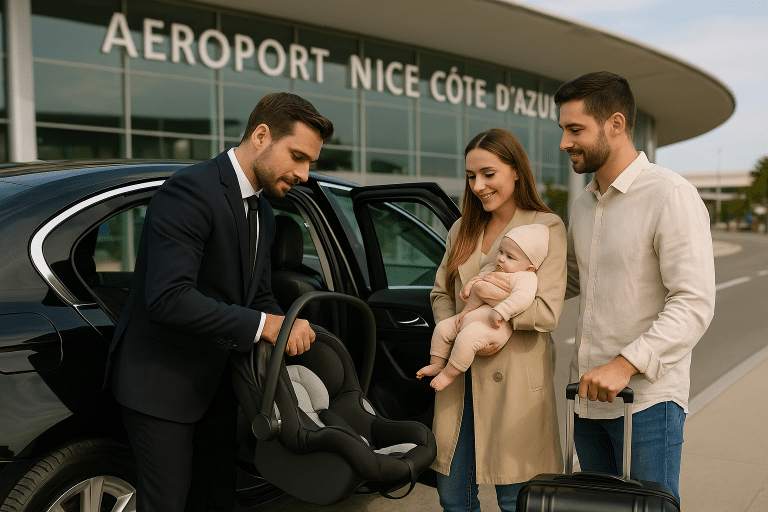 Chauffeur privé VTC à Nice aide un couple avec bébé à installer un siège auto devant l’aéroport Nice Côte d’Azur – service VTC avec siège bébé sécurisé et haut de gamme.