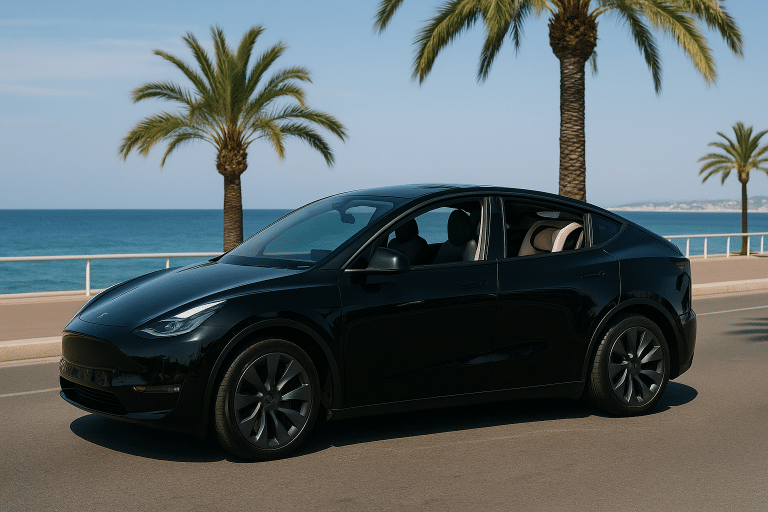 Tesla Model Y noire avec siège bébé visible à travers la fenêtre ouverte sur la Promenade des Anglais à Nice – service VTC familial sécurisé.